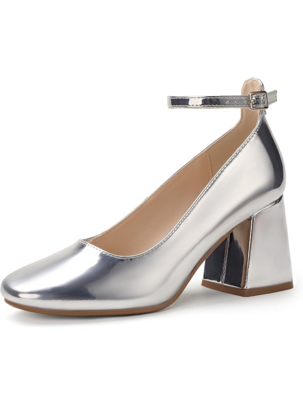 Women's Silver Comfortable Closed Toe Low Block Ankle Strap Pumps Chunky Heels